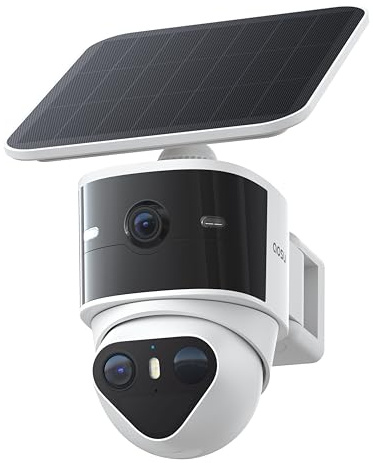 AOSU T2 Pro 3K Camera Surveillance WiFi Exterieure Sans Fil Solaire, Double Caméra 5MP 360° PTZ + 170° Grand Angle Sans Angle Mort, Zoom 8X Vision Nocturne TrueColor, Détection IA et Suivi Automatique