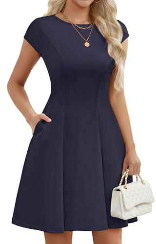 Meetjen Graduation Dress for Women Summer A Line Mini Prom Cocktail Party Dresses Elegant Knee Length Short Sleeve Business Casual Navy M