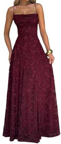 Abito da damigella d'onore in pizzo floreale jacquard elegante corsetto con spalline sottili schiena scoperta chiffon abito da ballo formale per donna, bordeaux, S
