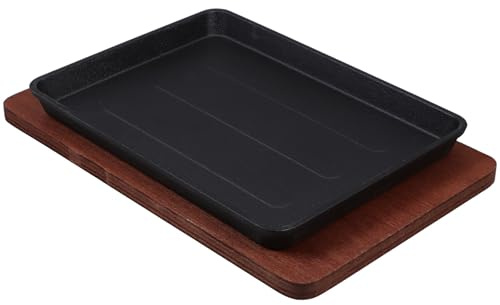 Ciieeo Piastra Teppanyaki in Ghisa con Base in Legno, Padella Quadrata per Bistecca 23,2x17,5 Cm, Piastra per Barbecue e Cucina Giapponese, Adatta per Induzione e Grigliate All’aperto