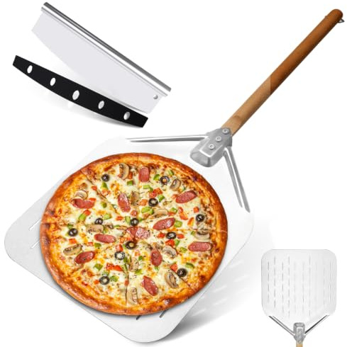 Pala per pizza forata 40x30.5 cm con manico in legno – Pala pizza in acciaio inox e alluminio antiaderente con tagliapizza – Palino per pizza/Spatola pizza – Accessori pizza per basi croccanti fatte