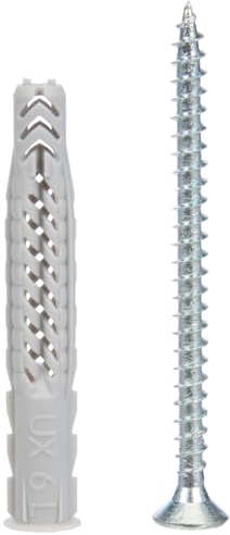 FISCHER Universaldübel UX 6 x 50 R S/5, je 25 Nylondübel mit passenden Schrauben, Allzweckdübel mit Rand, für optimalen Halt bei Befestigungen in Beton, Gipskarton, Kalksand-Lochstein uvm.