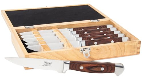 Viking Steak Knife Set, 6-Piece German Stainless Steel Knives with Pakkawood Handles and Wooden Box, Hand Wash Only, Red
