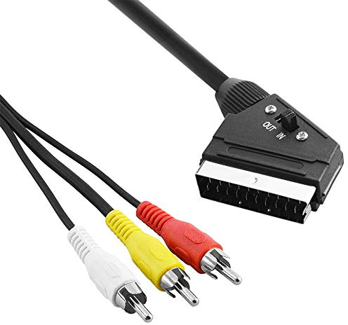 BestPlug 2 Meter Audio Video Kabel mit Schalter, 3 Cinch Stecker auf 1 Scart Stecker, Schwarz