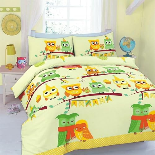 EGYPTO Polycotton Owl Design Kids Duvet Cover Set - Kids Bedding Comforter with Matching Pillowcase Set for Double Bed (Lemon)