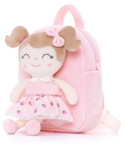 Gloveleya Kids Backpack for Girls backpacks Plush bag with Soft doll for Toddler baby Strawberry 9 Inches