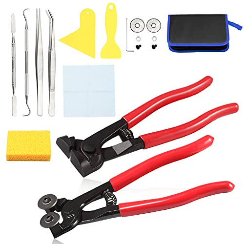 LEONTOOL Mosaic Tools Set, 2 Glass Tile Nippers with 2 Scrapers, 2 Tweezers, Double-Ended Hook, Spatula, Sponge, Replacement Cutting Wheels, Cloth, Storage Bag