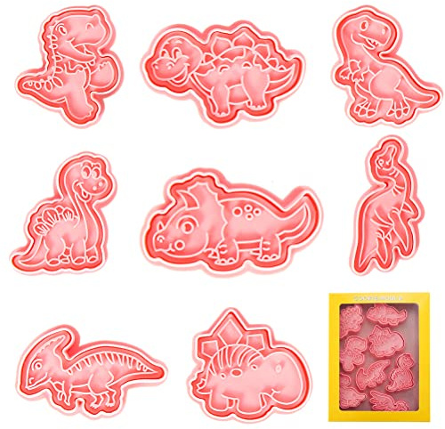 Moldes Galletas Dinosaurios, 8pcs Cortadores de Galletas Animale, 3D Molde para Galletas Infantiles, Dino Formas Galletas, Cookie Cutter para Galletas, Fondant, Decoración de Pasteles