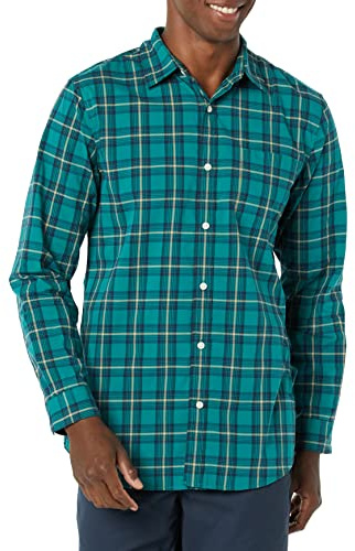 Amazon Essentials Men's Long-Sleeve Slim-Fit Stretch Poplin Shirt Shirt, Green/Gold, Check, XX-Large