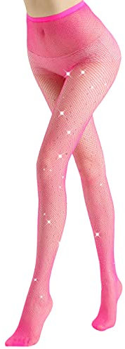 WOOKIT Collant Résille Maille Strass Sexy, Scintillait Filets de pêche Extensible Taille haute Boîte de nuit Fête Collants Sexy Bas Pour femme-Collant Résille Rose(1 Paire)