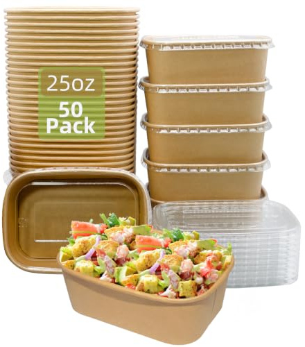 ganfaner 25oz Disposable Paper Bowls with Lids, 50 Sets Salad Bowls To Go for Lunch Microwave Safe, Paper Meal Prep Containers Disposable Takeout, Serving Bowls Leakproof for Hot Cold Food