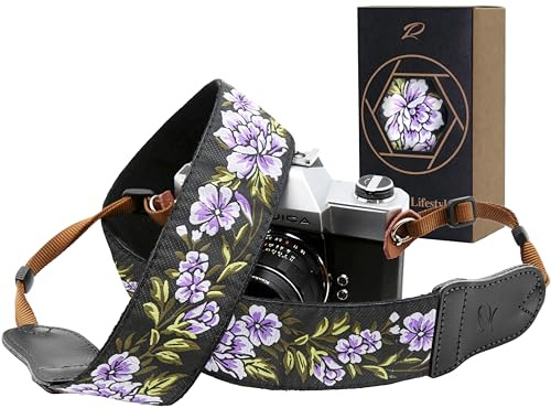 Padwa Lifestyle Purple Flower Camera Strap - 2 Double Layer Cowhide Head Camera Straps for Photographers，Adjustable Neck & Shoulder Vintage Jacquard Embroidery Flower Cotton Strap for all Cameras