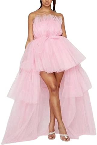 Robe de bal à étages pour femme avec haut bas et nœud, écharpe en tulle, robe de bal Homecoming avec épaules dénudées, volants, jupe Tutu longue et ample, rose, S