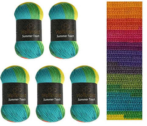 Wollbiene Summer Touch Batik, 5 x 100 g, lana multicolor con degradado, 500 g, lana mercerizada para tejer, microfibra acrílica (504 arcoíris)