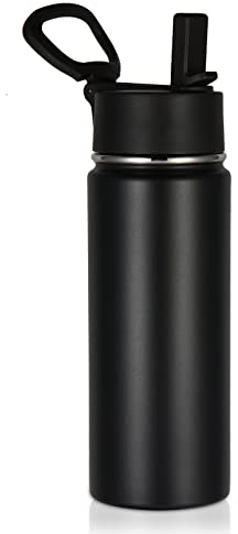 Volhoply 525 ml isolerad vattenflaska, rostfritt stål vattenflaskor med sugrörslock, blysäker metall sport vattenflaska, bred mun vakuum vattenflaska termoflaska för skolresor (svart, 1 set)