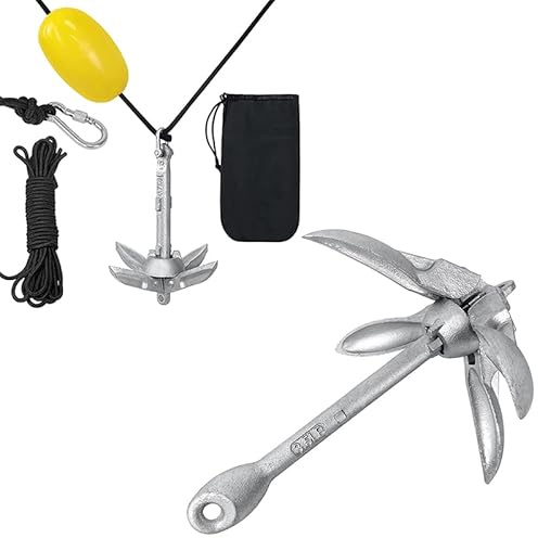 YUENFONG Faltanker Anker Klappanker mit 10 m Ankerseil, Eisenverzinkte Ankerset Vierhakenanker inkl. wasserdichte Tasche, für Kajaks, Kanus(1.5kg)