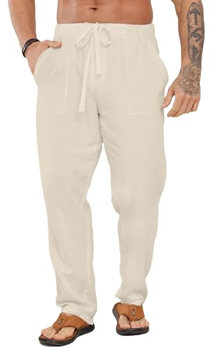 LVCBL Mens Baggy Harem Pants Mens Beach Trousers with Pockets Yoga Pants Vacation Pants Khaki M