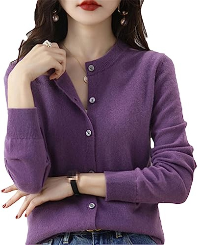 Cardigan för damer, O-hals, vår, höst, stickad kashmir-kashmir-cardigan enfärgad, enkelknäppt, vardaglig cardigan, VIOLETT, XXL
