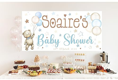 Print A Party Cartel personalizado para baby shower, cartel de bienvenida con globos de oso de peluche, color marrón, azul neutro o rosa (Banner)