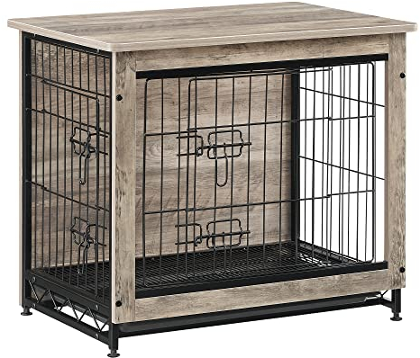 Feandrea Hundekäfig Möbel, Beistelltisch, Hundebox, Moderne Hundehütte Indoor für Hunde bis zu 14 kg, hochbelastbar, Hundehaus für Zuhause, herausnehmbares Tablett, 2 Türen, Greige PFC001G01