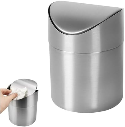 Tavolo da Ufficio in Acciaio Inox Pattumiera con Coperchio, Mini Pattumiera da Appoggio, Cestino per Rifiuti da Tavolo, per Cucina Bagno Ufficio (16.5x12CM)