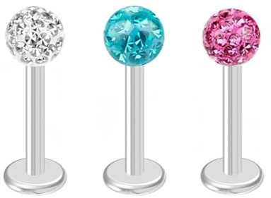 Body CAC Steel 3 Colours-16g x 8mm Small Flat Back Ferido Ball Labret Studs,Crystal Collection Lip Ear Helix Tragus Piercing Jewellery