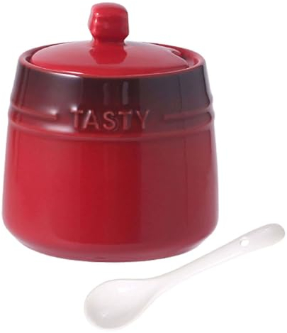 TYMYYS Ceramic Sugar Bowl with Lid, Sugar Bowl with Spoon, Salt Cellar with Lid - Red, 240ml/8.5oz