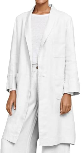 IDEALSANXUN Long Linen Blazer Women 2025 Spring Summer Lightweight Jackets Cotton Linen Clothes Trench Coat Cardigan Tops, White, S
