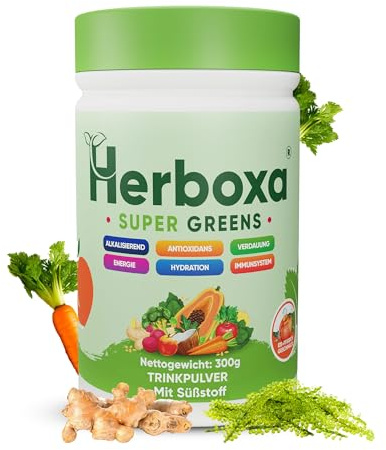 Herboxa SUPER GREENS - Grüne Helfer Entgiftungspulver - Enthält Chicoréewurzel, Zink - Eispfirsichgeschmack - 50 Portionen