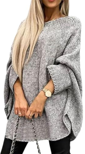 QKCQQTS Suéter Elegante de Punto Tipo Capa para Mujer, suéter Tipo Poncho Informal Holgado, suéter Tipo Capa para Mujer, suéter Tipo Chal de Punto a la Moda (L/XL,Gray)