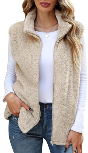 Yuson Girl Teddy Fleece Weste Damen Herbst Winter Warm Ärmellose Westen Kurze Pelzjacke Leicht Plüsch Übergangsjack Einfarbig Damenweste Herbstmantel Outdoor Fleeceweste mit Stehkragen(Khaki, L)
