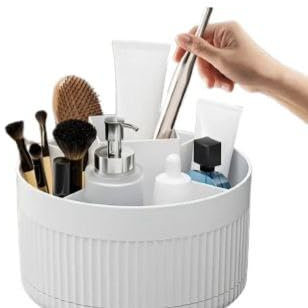 Organizzatore Cosmetico Rotante, Porta Trucchi e Pennelli, Contenitore con Divisori, Bianco