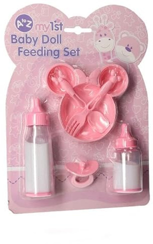 A2Z 4 Kids Baby Doll Feeding Set 2 Pieces Magic Milk Bottles Dummy Plate Fork Spoon Pretend Play Doll Accessories Realistic Doll Feeding Set Toy Playset Gift for Kids
