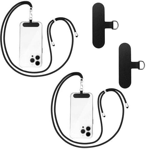 CNMTCCO Cordon para Movil Universal, 2 Cadenas Ajustables, 2 Parches duraderos, Colgante para Teléfono Compatible con Todos Los Teléfonos Inteligentes y la Mayoría de los Funda(Negro)