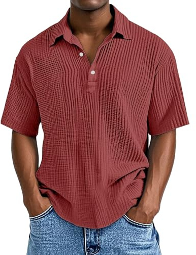 Camisas polo para hombre, con textura, para verano, manga corta, playa, vacaciones, casual, holgada, de punto, con botones, para golf, Polo de hombre rojo, XXL