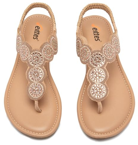 Veittes Sandali da donna Bohemian piatti – Sandali estivi casual con decorazione di strass, suola in gomma, glitter leggeri e comodi sandali estivi con cinturino alla caviglia, De7004 Golden, 38.5 EU