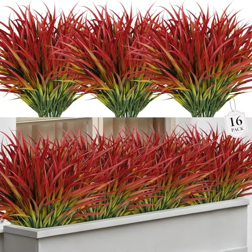 Besteek 16 Pcs Artificial Plants Outdoor Fake Grass Faux Greenery Stems UV Resistant Plastic Plants Shrubs for Planters Patio Garden Front Porch Pathway Spring Summer Home Decor, Red