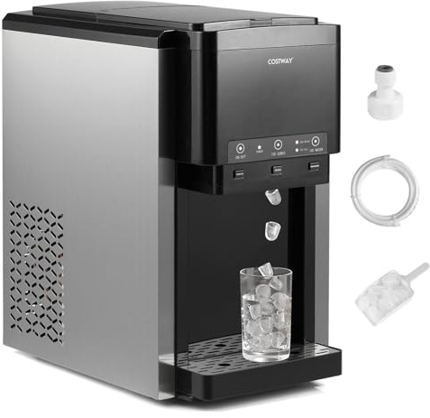 FANTASK Máquina de hielo 3 en 1, 12 cubitos de hielo en 9 minutos, dispensador de agua con hielo picado, máquina de hielo 20 kg/día, refrigeración por compresor para el hogar, la cocina y la oficina