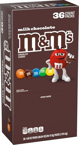 M&M'S Milk Chocolate Candy, Full Size Singles, 1.69 oz Bag, 36 Pack Bulk