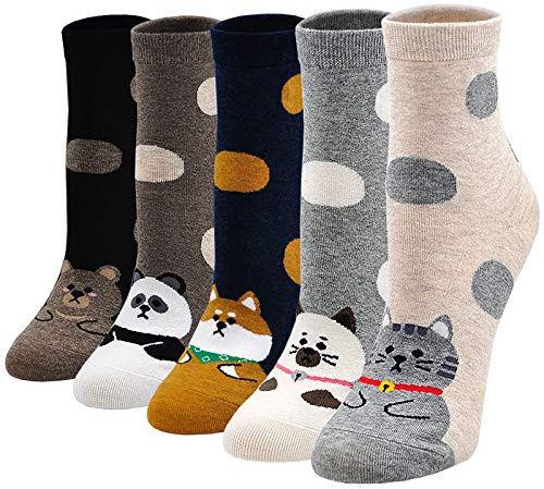 LOFIR Chaussette Chat Chien Femmes Fantaisie Chaussettes, Socquettes Mignonnes avec Motif Animal, Chaussette Doux en Coton pour Filles, Taille 35-41, 5 paires