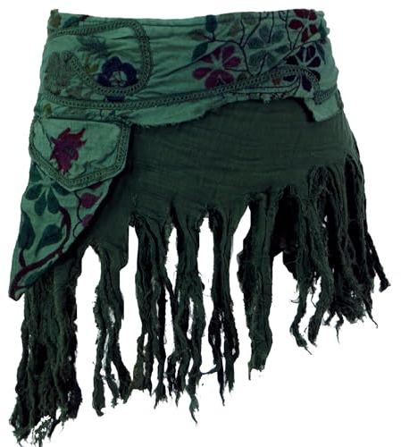 GURU SHOP Goa Minirock, Wickelrock, Cacheur, Fransenrock - Grün, Damen, Baumwolle