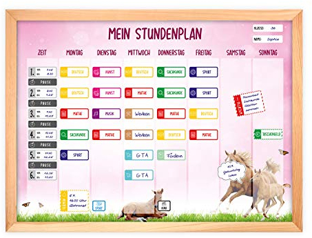 magnetischer Stundenplan Pferde rosa mit 90 Magneten und Stift - abwischbar Wochenplaner Schule - ca. 40 x 30 cm