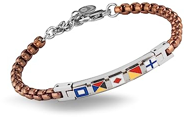 inSCINTILLE Surfer Armband Herren Rostfreier Stahl mit Nautischen Symbolen Verstellbare Länge mit Geschenkbox Enthalten (Nautische Flaggen - Braun)