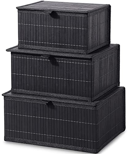 Honygebia Bamboo Decorative Storage Boxes - Set of 3 Woven Lined Storage Basket with Lids, Black Wicker Lidded Baskets for Home Kitchen Shelf Organizer Decor