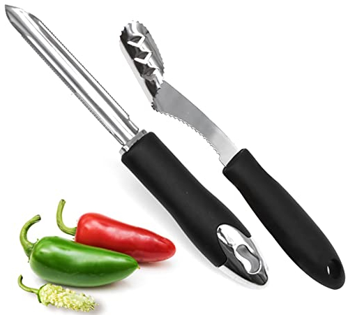 Jalapeno Lot de 2 vide-poivrons en acier inoxydable avec tranche dentelée et poignée en caoutchouc pour jalapenos, piments, poivrons