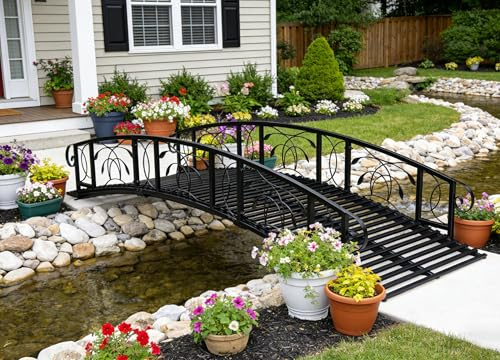 JSUN7 8 FT Metal Garden Bridge - Garden Decor for Outside, Outdoor Bridge with Safety Siderails, Iron Decorative Footbridge for Stream, Fish Pond, Black