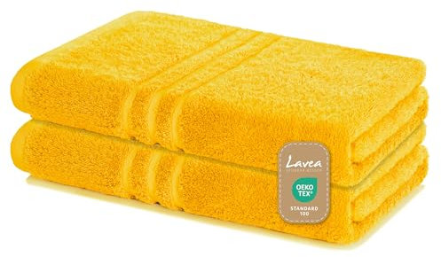 Lavea® 2er Set Duschtuch 70x140 cm, Frottierserie Elena - Premium Dusch-Handtuch Set/Badetücher Set - weich & saugfähig 100% Baumwolle - Rapsgelb