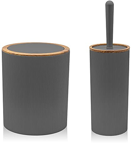 Inbagno Set da 2 Pezzi Porta scopino e Pattumiera 5lt, in plastica Grigio, con Dettagli Effetto Legno, Serie Blob