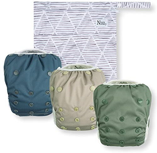 Nora's Nursery Reusable Swim Diapers and Wet Bag - One Size Fully Adjustable - Hamptons Unisex 3 Pack with Wet Bag