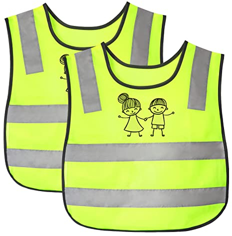 RoxNvm Warnweste Kinder, 2 Stücke Warnwesten Auto Kinder, Sicherheitsweste Kinder, Warnweste Fahrrad Kind Von(3-12 Jahre), Reflektorweste für Den Schulweg, Radfahren, Straßenverkehr(A)